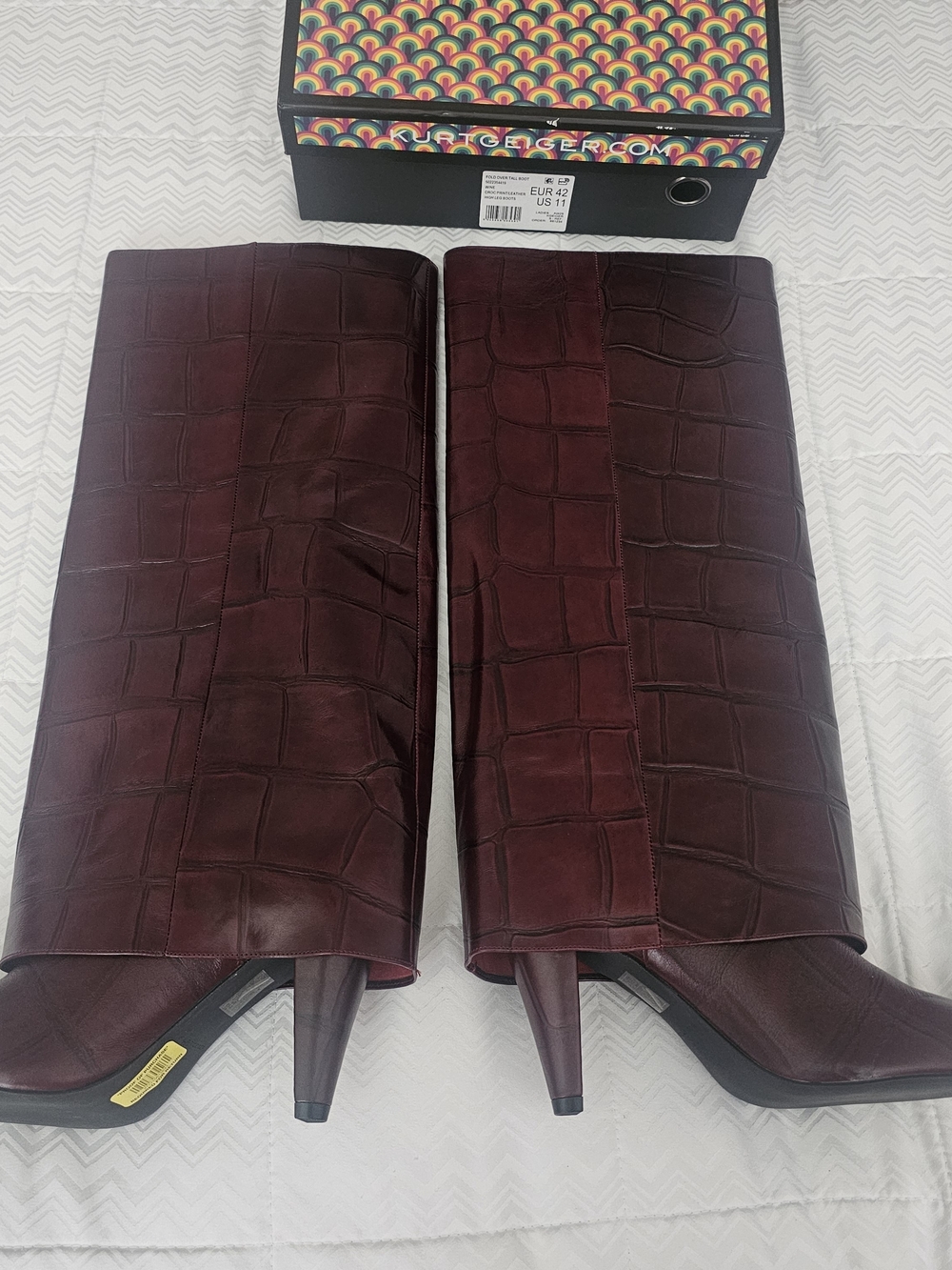 Kurt Geiger Burgundy Croc-Embossed Pointed Knee Boot with Gold Buckle - Picture 5 of 7